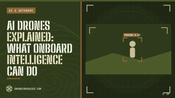 Cover illustration for AI Drones Explained: What Onboard Intelligence Can Do: a camera view with a person inside a tracking box on a tactical HUD display
