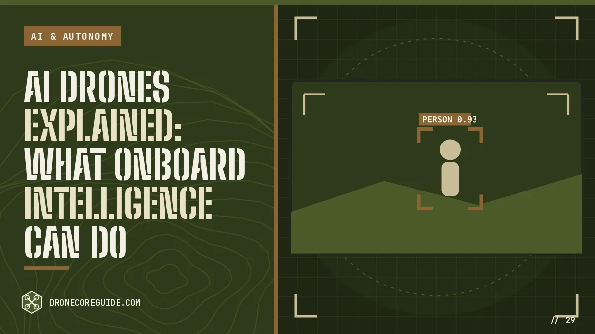 Cover illustration for AI Drones Explained: What Onboard Intelligence Can Do: a camera view with a person inside a tracking box on a tactical HUD display