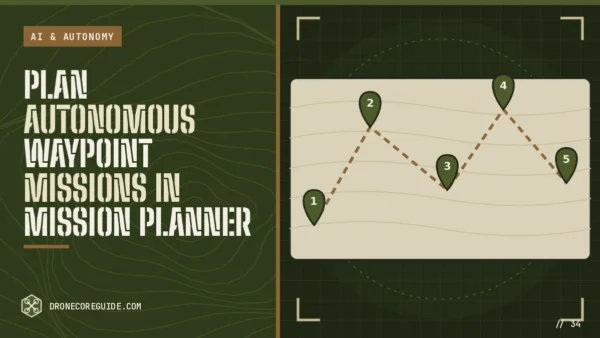 Cover illustration for Plan Autonomous Waypoint Missions in Mission Planner: a map with a numbered waypoint route on a tactical HUD display