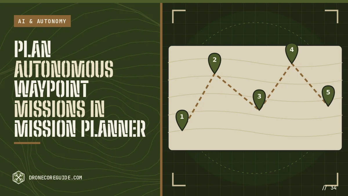 Cover illustration for Plan Autonomous Waypoint Missions in Mission Planner: a map with a numbered waypoint route on a tactical HUD display