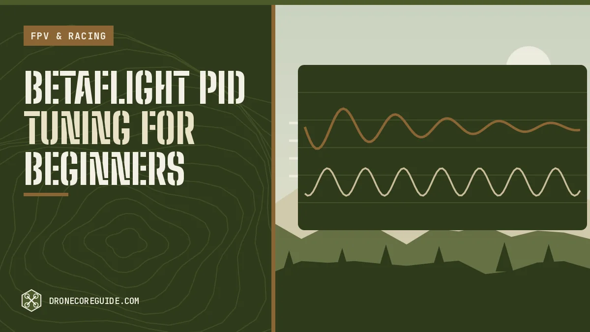 Cover illustration for Betaflight PID Tuning for Beginners: gyro data traces on a screen over a field and hills
