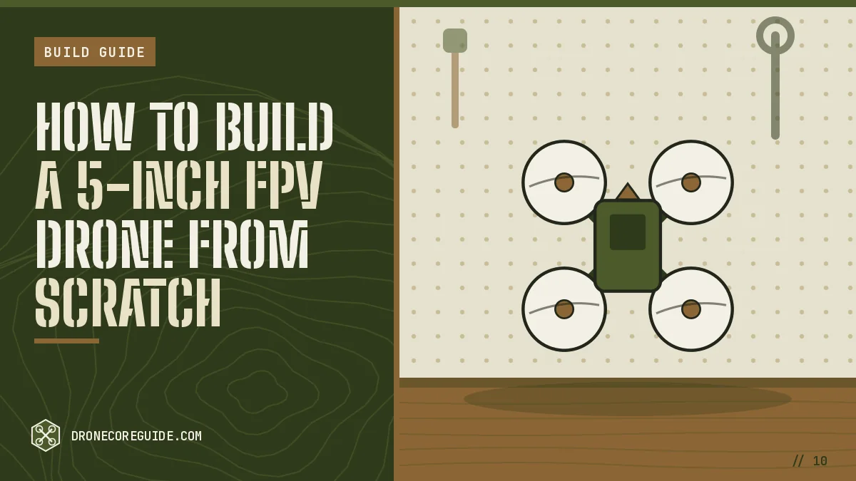 Cover illustration for How to Build a 5-Inch FPV Drone From Scratch: a top-down olive quadcopter with four propellers on a workshop bench