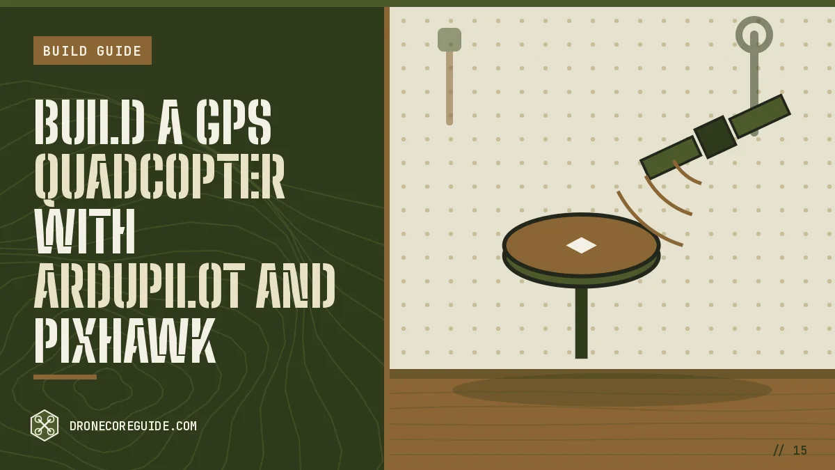 Cover illustration for Build a GPS Quadcopter With ArduPilot and Pixhawk: a GPS puck on a mast with a satellite overhead on a workshop bench