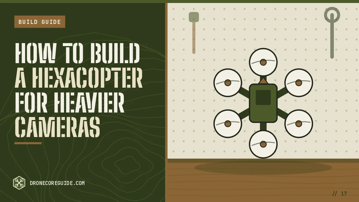 Cover illustration for How to Build a Hexacopter for Heavier Cameras: a six-rotor drone seen from above on a workshop bench