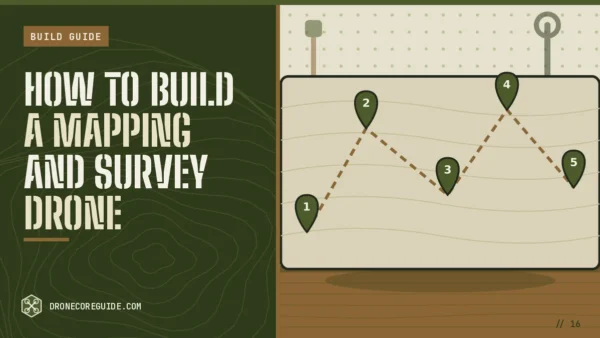Cover illustration for How to Build a Mapping and Survey Drone: a map with a numbered waypoint route on a workshop bench