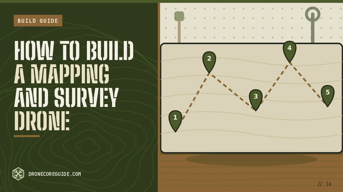 Cover illustration for How to Build a Mapping and Survey Drone: a map with a numbered waypoint route on a workshop bench