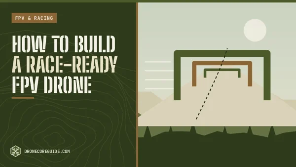 Cover illustration for How to Build a Race-Ready FPV Drone: racing gates on a track over a field and hills