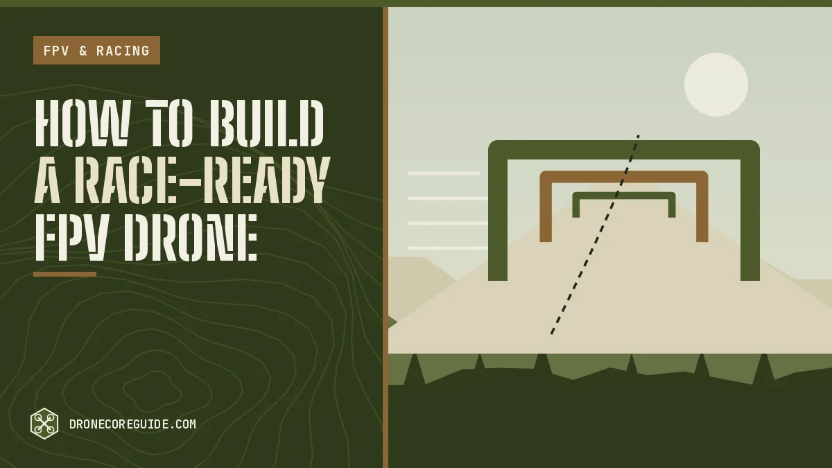 Cover illustration for How to Build a Race-Ready FPV Drone: racing gates on a track over a field and hills