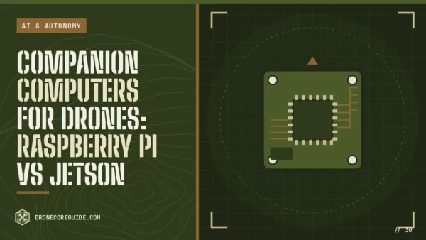 Cover illustration for Companion Computers for Drones: Raspberry Pi vs Jetson: a flight controller board with a processor chip on a tactical HUD display