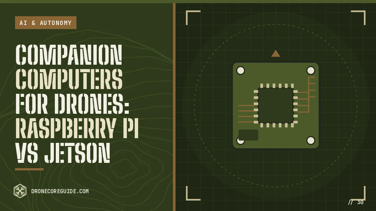 Cover illustration for Companion Computers for Drones: Raspberry Pi vs Jetson: a flight controller board with a processor chip on a tactical HUD display