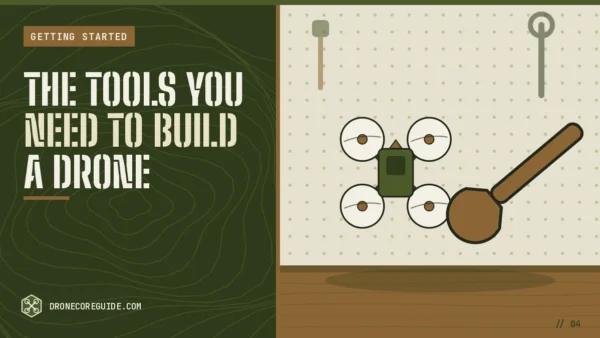 Cover illustration for The Tools You Need to Build a Drone: a quadcopter beside a wrench on a workshop pegboard
