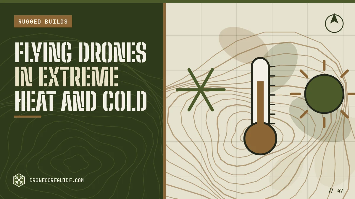 Cover illustration for Flying Drones in Extreme Heat and Cold: a thermometer between a snowflake and a sun on a topographic map