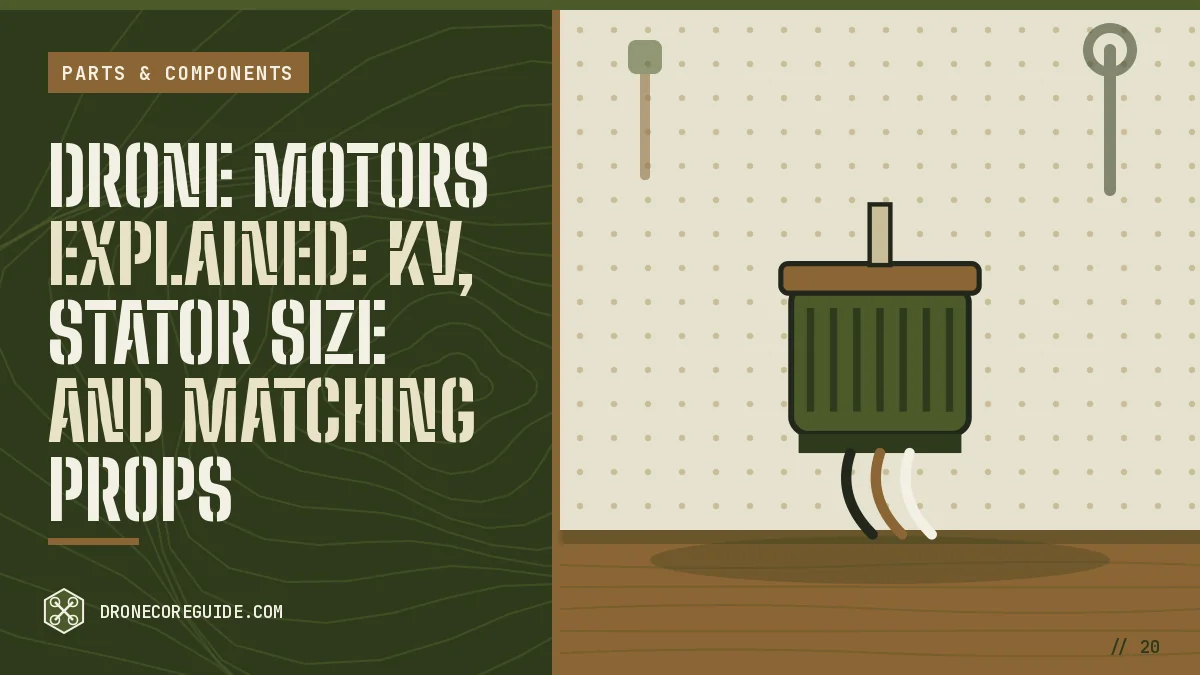 Cover illustration for Drone Motors Explained: KV, Stator Size and Matching Props: a brushless drone motor with three wires on a workshop bench