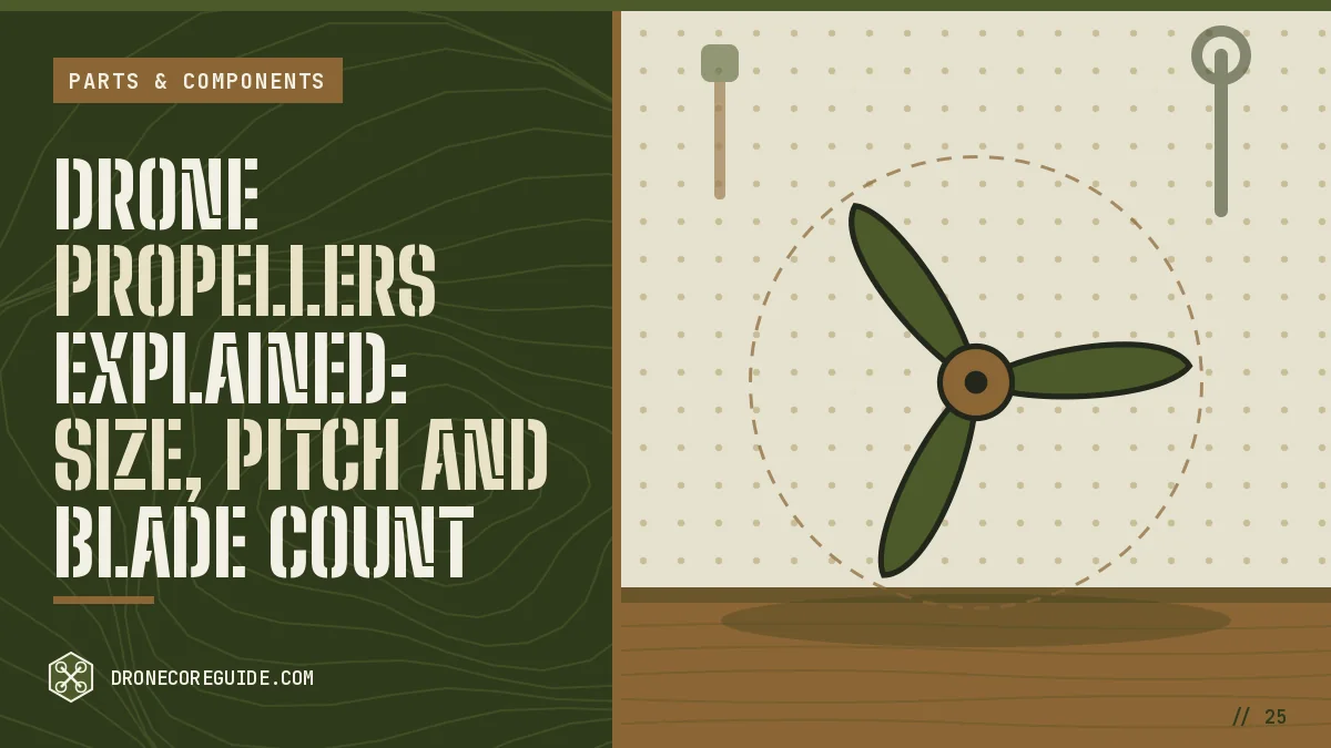 Cover illustration for Drone Propellers Explained: Size, Pitch and Blade Count: a three-blade drone propeller on a workshop bench