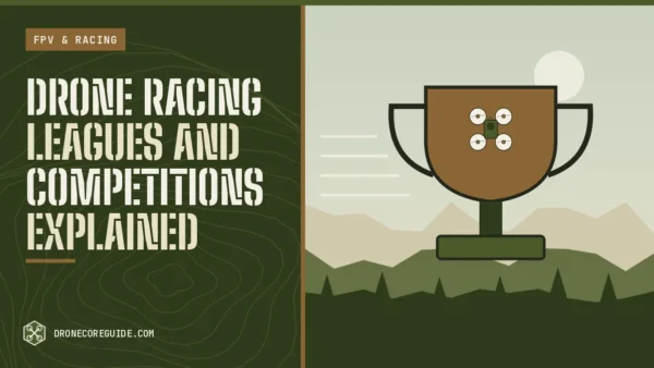 Cover illustration for Drone Racing Leagues and Competitions Explained: a racing trophy over a field and hills