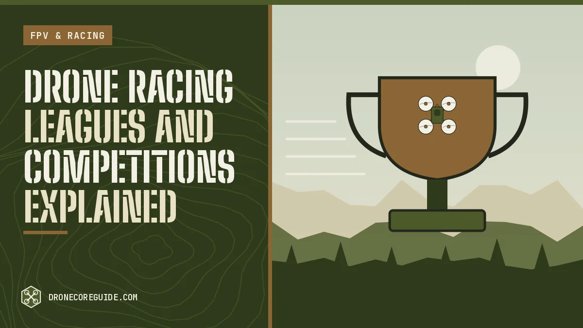Cover illustration for Drone Racing Leagues and Competitions Explained: a racing trophy over a field and hills