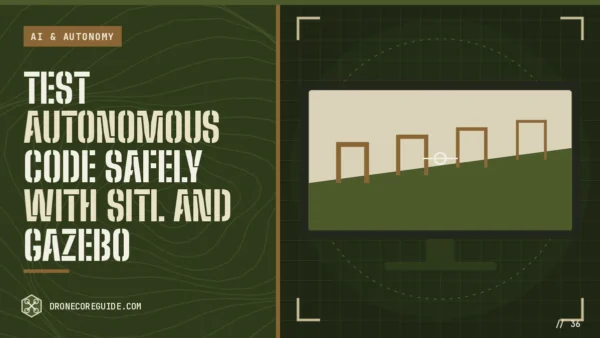 Cover illustration for Test Autonomous Code Safely With SITL and Gazebo: a monitor showing an FPV simulator course on a tactical HUD display