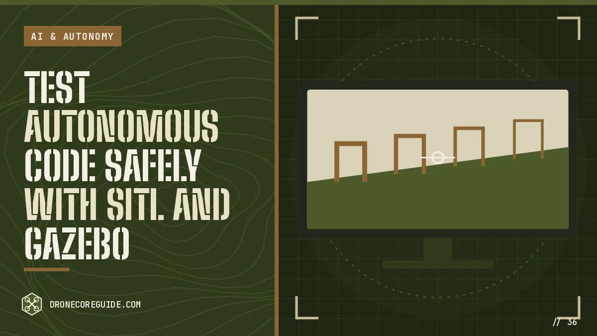 Cover illustration for Test Autonomous Code Safely With SITL and Gazebo: a monitor showing an FPV simulator course on a tactical HUD display