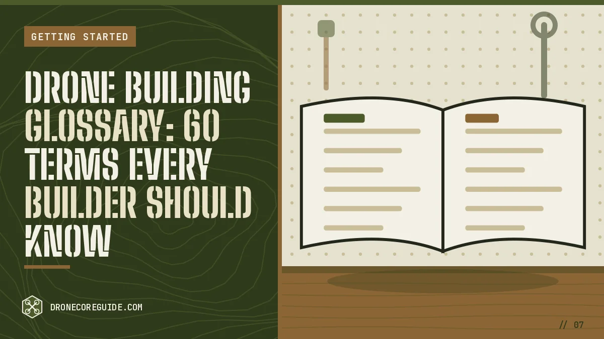 Cover illustration for Drone Building Glossary: 60 Terms Every Builder Should Know: an open glossary book on a workshop pegboard