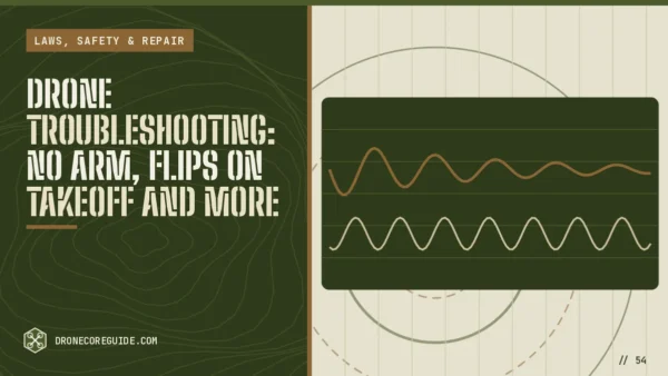 Cover illustration for Drone Troubleshooting: No Arm, Flips on Takeoff and More: gyro data traces on a screen over an airspace chart