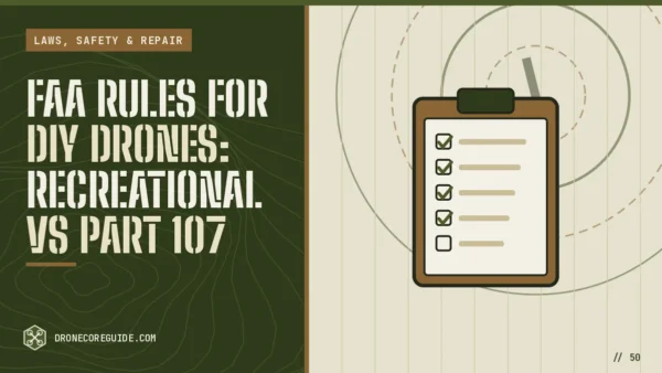 Cover illustration for FAA Rules for DIY Drones: Recreational vs Part 107: a checklist on a clipboard over an airspace chart