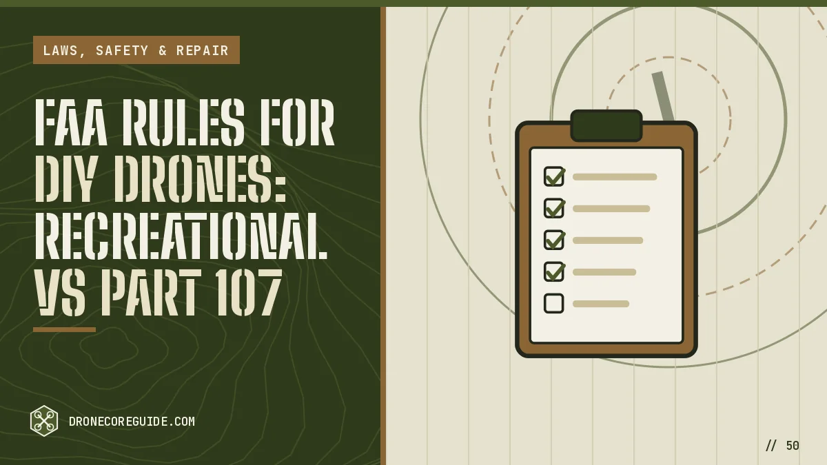 Cover illustration for FAA Rules for DIY Drones: Recreational vs Part 107: a checklist on a clipboard over an airspace chart