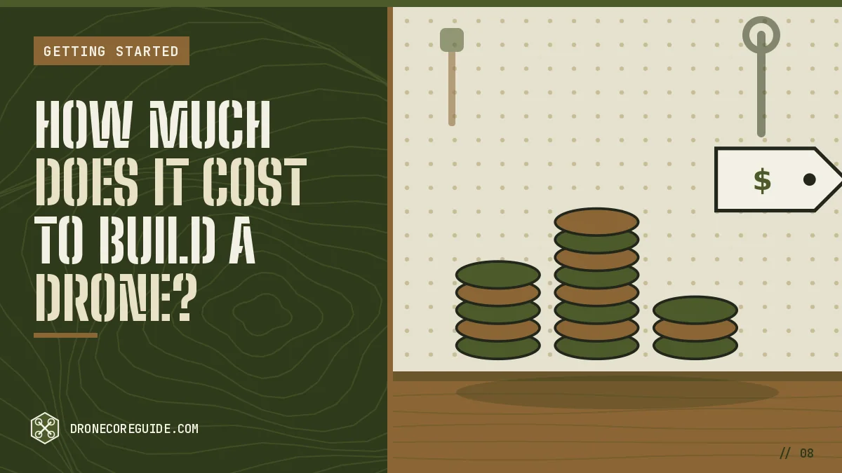 Cover illustration for How Much Does It Cost to Build a Drone?: stacks of coins and a price tag on a workshop pegboard