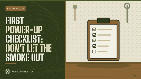 Cover illustration for First Power-Up Checklist: Don't Let the Smoke Out: a checklist on a clipboard on a workshop bench