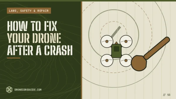Cover illustration for How to Fix Your Drone After a Crash: a quadcopter beside a wrench over an airspace chart