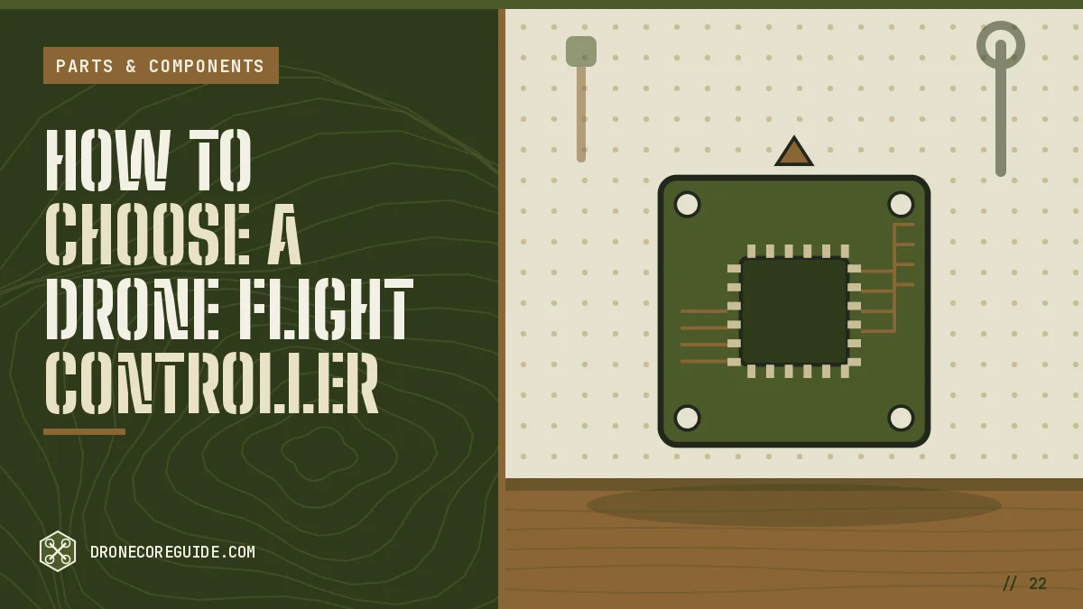 Cover illustration for How to Choose a Drone Flight Controller: a flight controller board with a processor chip on a workshop bench