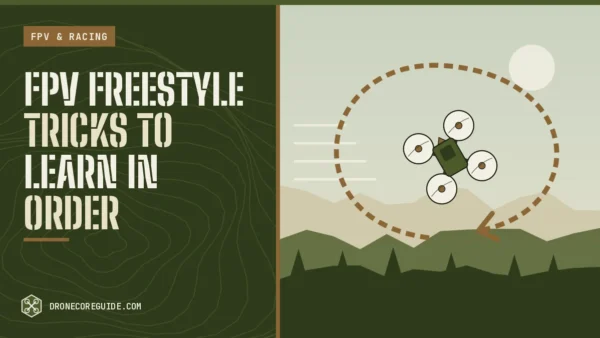 Cover illustration for FPV Freestyle Tricks to Learn in Order: a drone flying a loop over a field and hills