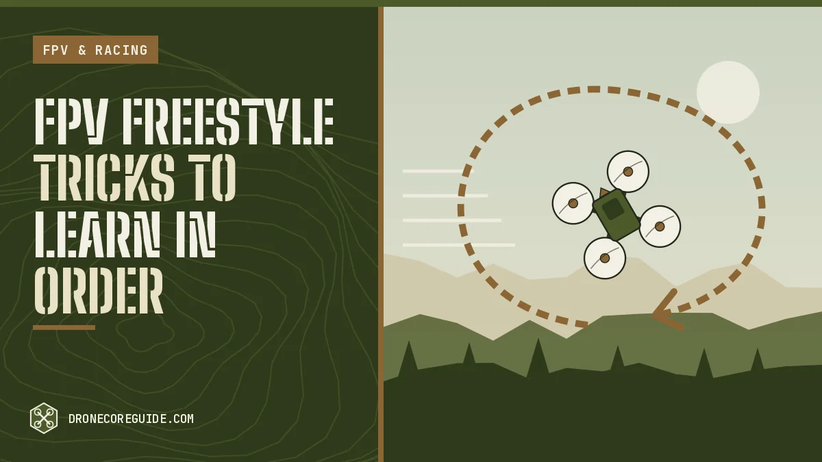 Cover illustration for FPV Freestyle Tricks to Learn in Order: a drone flying a loop over a field and hills