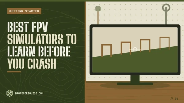 Cover illustration for Best FPV Simulators to Learn Before You Crash: a monitor showing an FPV simulator course on a workshop pegboard