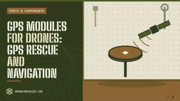 Cover illustration for GPS Modules for Drones: GPS Rescue and Navigation: a GPS puck on a mast with a satellite overhead on a workshop bench