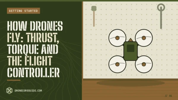 Cover illustration for How Drones Fly: Thrust, Torque and the Flight Controller: a top-down olive quadcopter with four propellers on a workshop pegboard