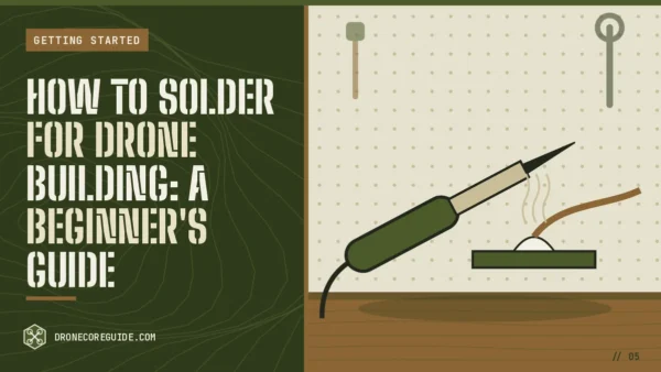 Cover illustration for How to Solder for Drone Building: A Beginner's Guide: a soldering iron over a circuit pad on a workshop pegboard