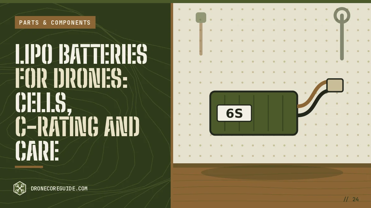 Cover illustration for LiPo Batteries for Drones: Cells, C-Rating and Care: a LiPo battery pack with XT60 lead on a workshop bench