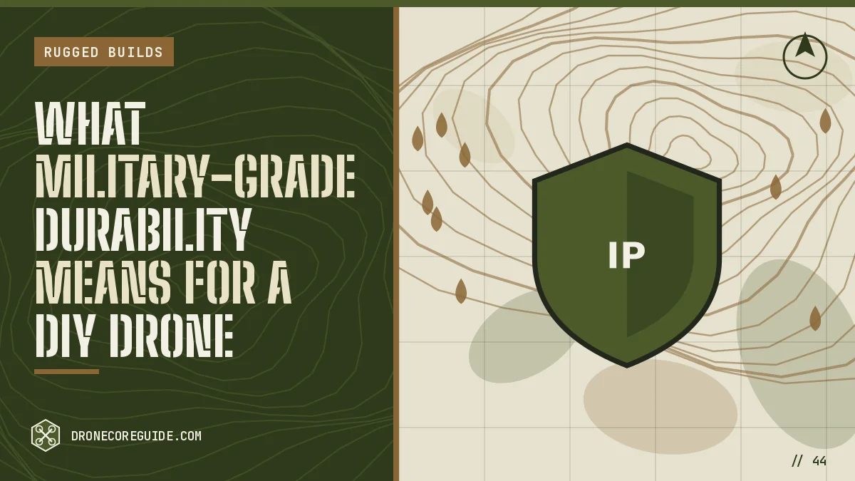 Cover illustration for What Military-Grade Durability Means for a DIY Drone: a shield with an IP rating and water drops on a topographic map