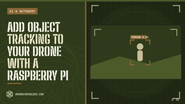 Cover illustration for Add Object Tracking to Your Drone With a Raspberry Pi: a camera view with a person inside a tracking box on a tactical HUD display