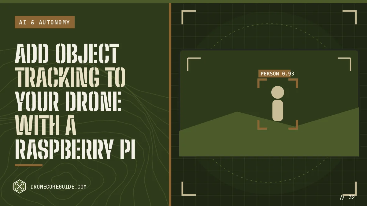 Cover illustration for Add Object Tracking to Your Drone With a Raspberry Pi: a camera view with a person inside a tracking box on a tactical HUD display