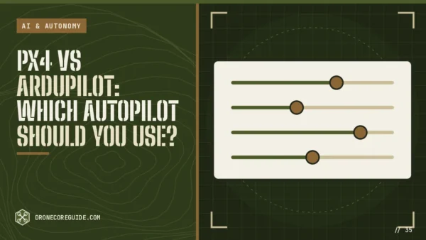 Cover illustration for PX4 vs ArduPilot: Which Autopilot Should You Use?: tuning sliders on a settings panel on a tactical HUD display