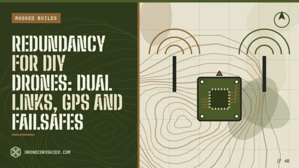 Cover illustration for Redundancy for DIY Drones: Dual Links, GPS and Failsafes: a flight controller with two radio antennas on a topographic map