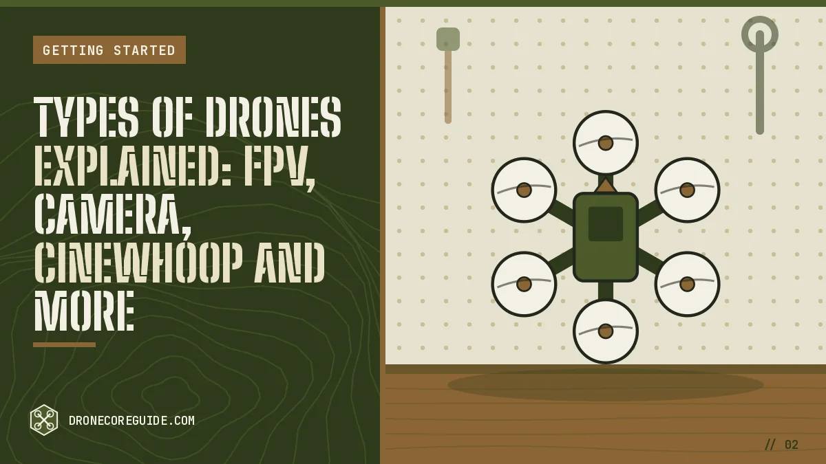 Cover illustration for Types of Drones Explained: FPV, Camera, Cinewhoop and More: a six-rotor drone seen from above on a workshop pegboard