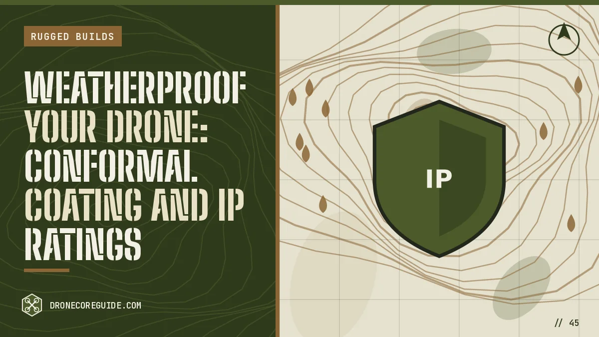 Cover illustration for Weatherproof Your Drone: Conformal Coating and IP Ratings: a shield with an IP rating and water drops on a topographic map